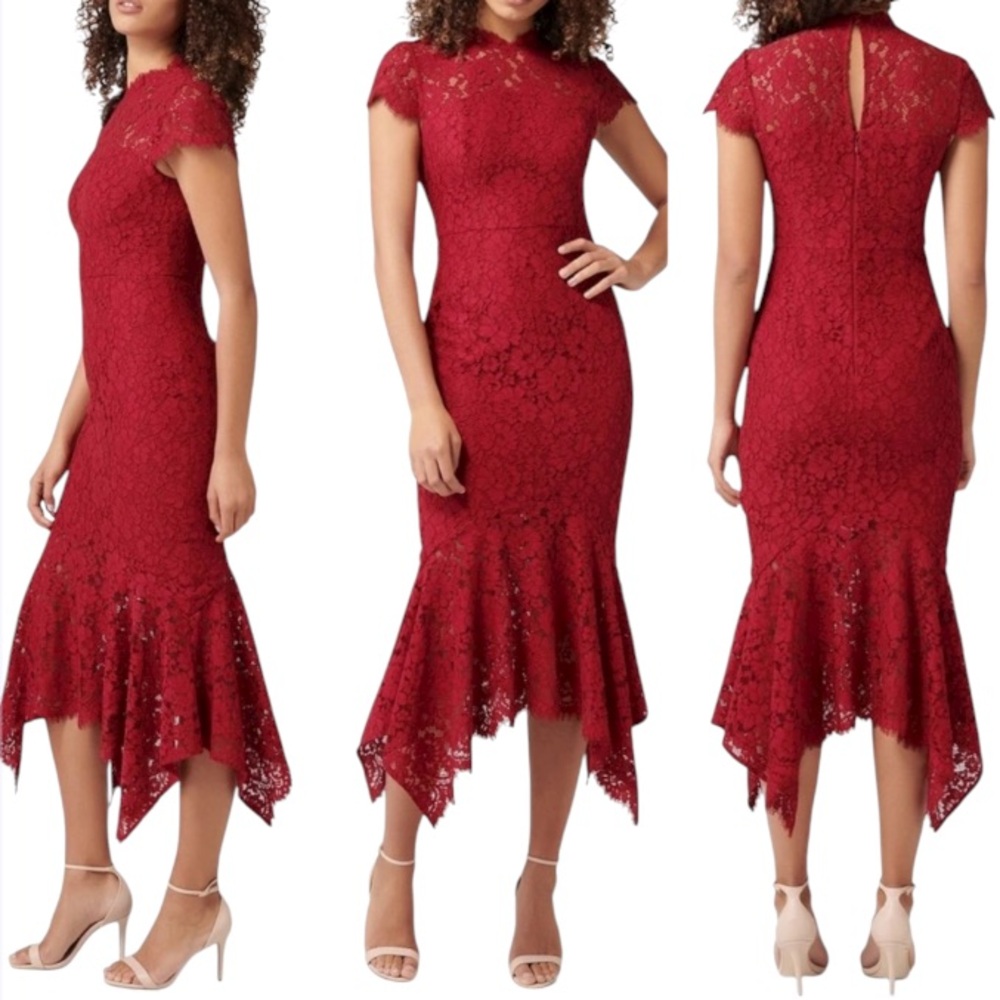 Zesica dark red lace high neck short sleeve midi length dress size small